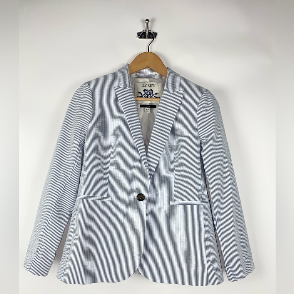 J.crew Parke Bi-stretch Cotton seersucker blazer blue white size 10 petite J3537